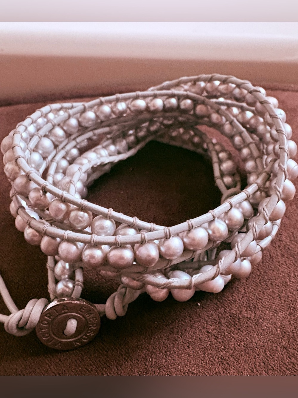 Victoria Emerson 5 Wrap Grey Pearl and leather Bracelet